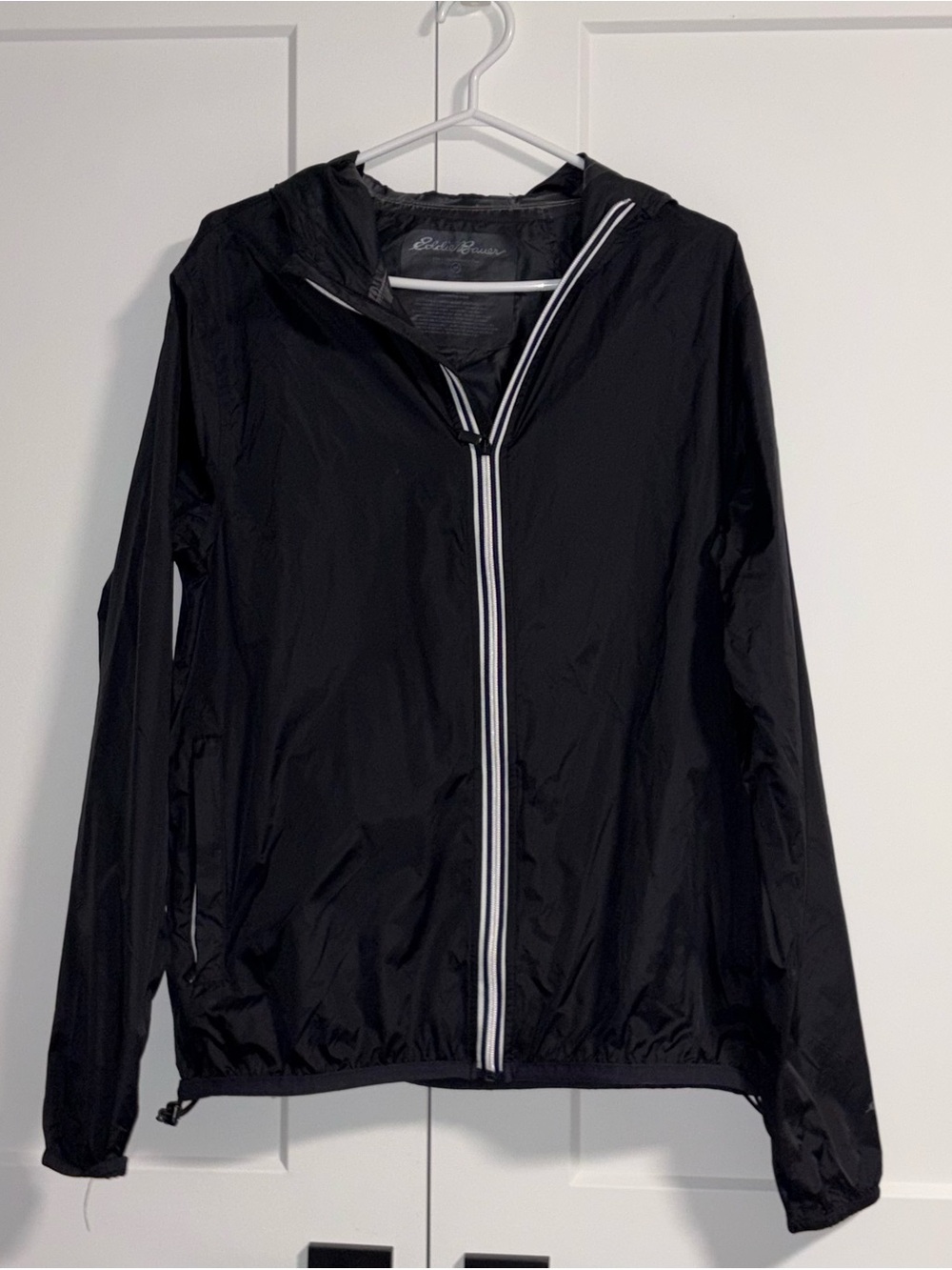 Eddie Bauer Black Rain Jacket with White-Trim Zipper